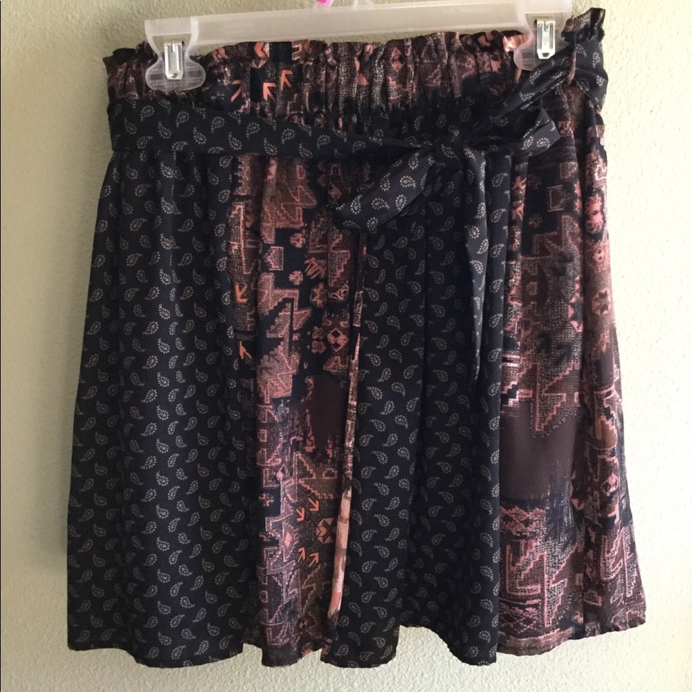 Blue rain black, brown + pink tie front skirt